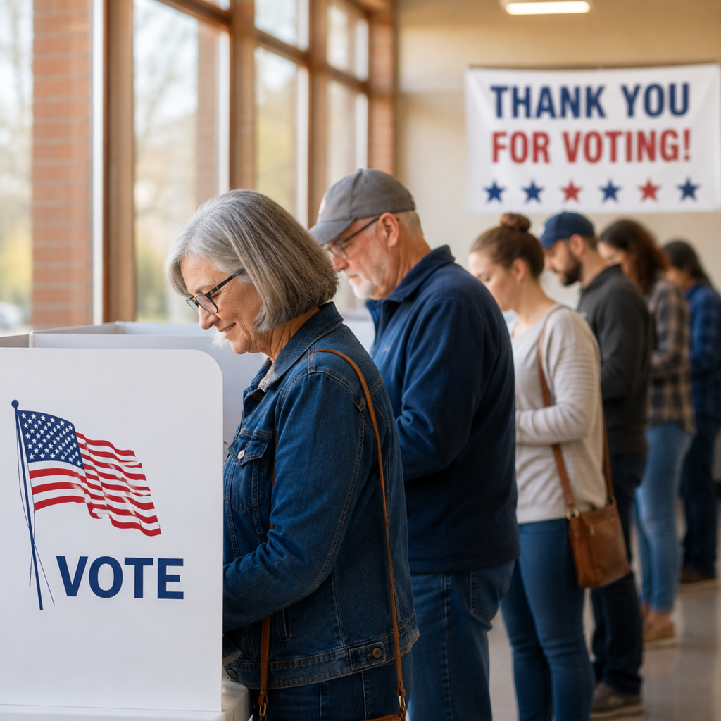 A diverse group of people of various ages and ethnicities stand in line to vote at a polling station, with a "Thank You For Voting!" banner hanging in the background.