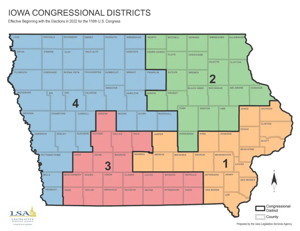 Map of Iowa's Congressional Districts for the 118th U.S. Congress, effective 2022. The map displays four districts, color-coded and numbered 1, 2, 3, and 4, with individual counties labeled within each district. A legend indicates that the outlined boxes represent Congressional Districts and the lighter shaded boxes represent Counties. The map is prepared by the Iowa Legislative Services Agency.