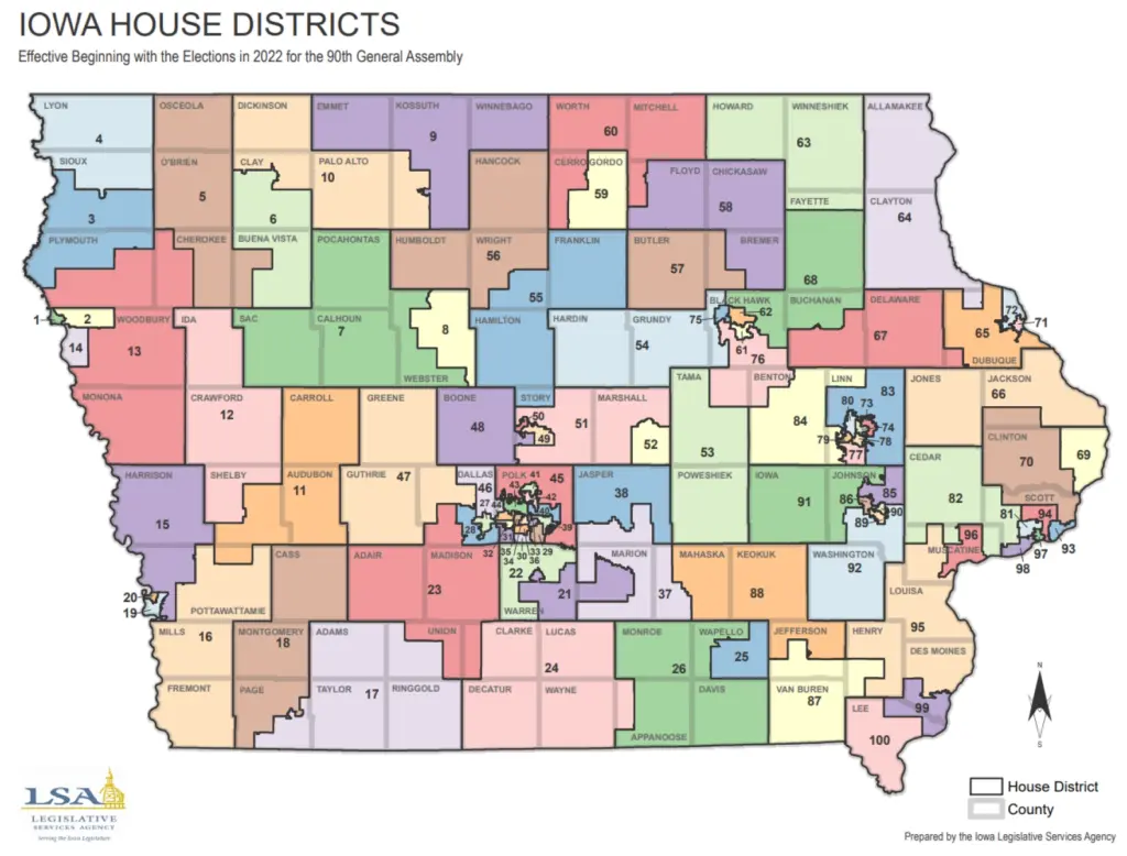 Iowa House Districts map, effective beginning with the elections in 2022 for the 90th General Assembly. The map shows the state divided into 100 numbered house districts, with county boundaries also indicated.