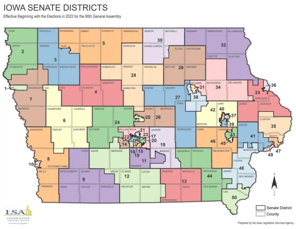 Iowa Senate Districts map, effective beginning with the elections in 2022 for the 90th General Assembly. The map displays 50 numbered senate districts across the state of Iowa, with each district outlined and colored differently. County names are labeled within their respective districts. A legend at the bottom right distinguishes between Senate Districts and Counties. The map is prepared by the Iowa Legislative Services Agency.