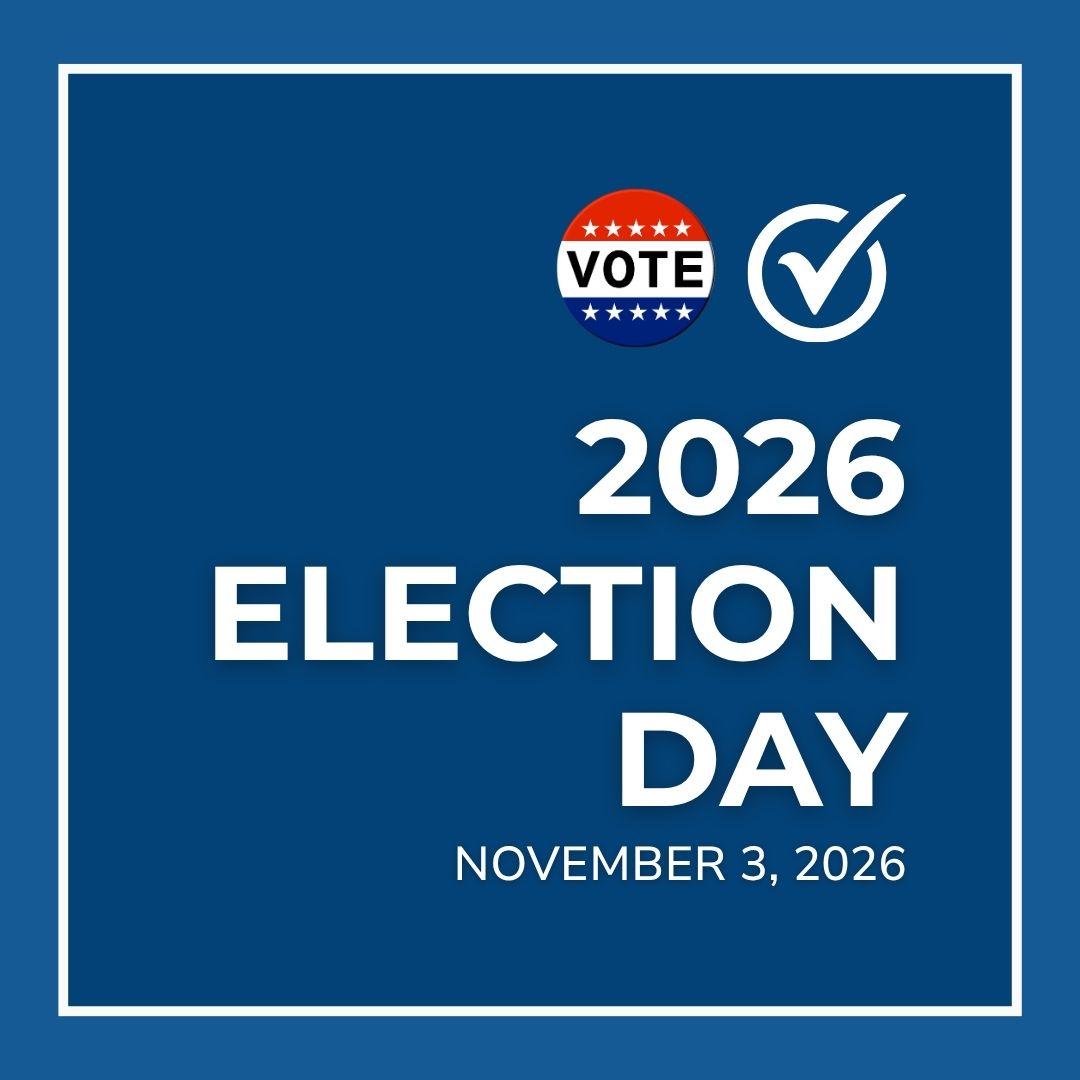2026 Election Day, November 3, 2026, with a vote button and checkmark.