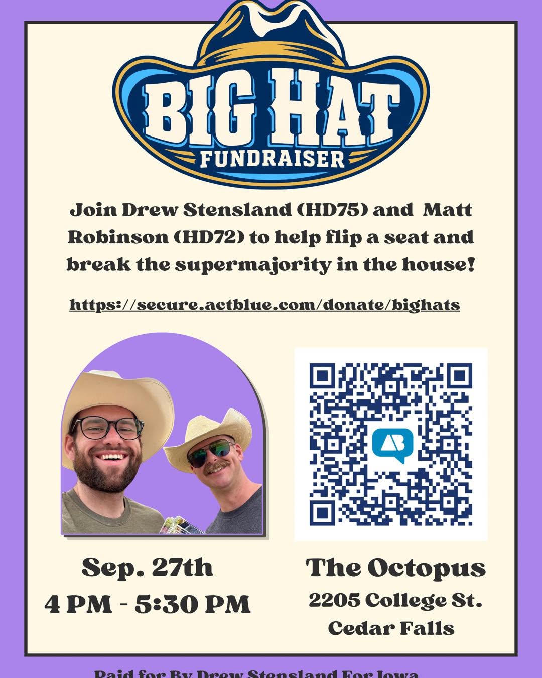 Fundraiser flyer for "Big Hat" featuring Drew Stensland and Matt Robinson. The event is on Sep. 27th from 4 PM - 5:30 PM at The Octopus, 2205 College St., Cedar Falls. A QR code is provided for donations.