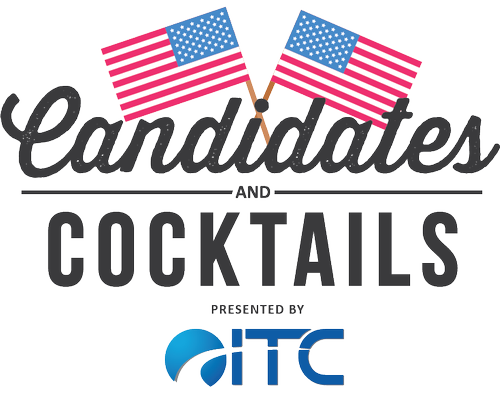 Candidates and Cocktails logo with American flags and ITC logo.