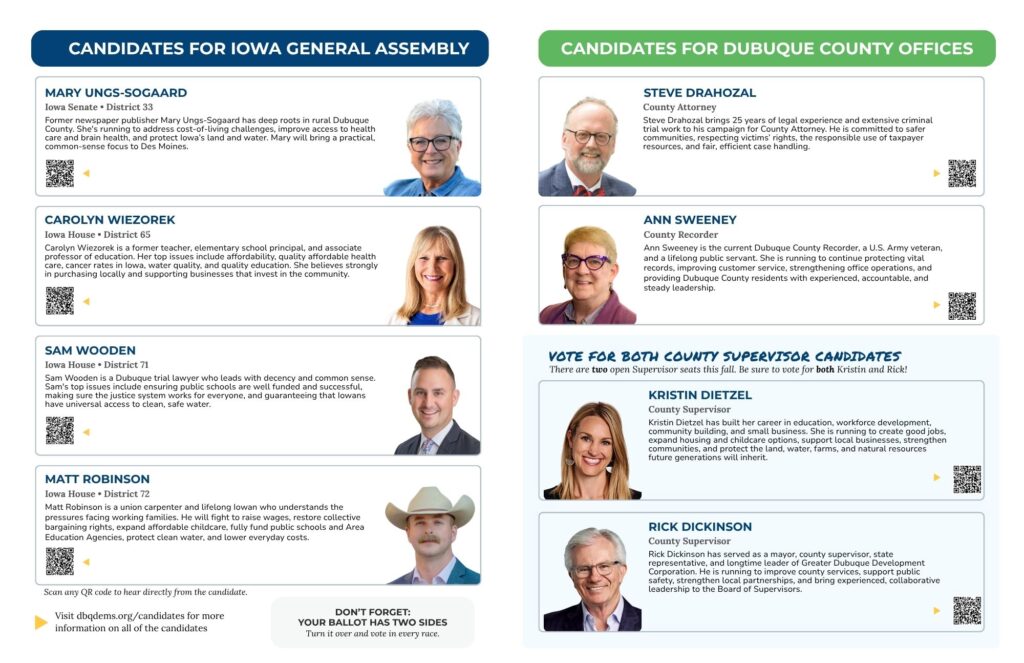 Candidates for Iowa General Assembly and Dubuque County Offices. The image displays profiles of candidates for Iowa Senate and House, as well as County Attorney, County Recorder, and County Supervisor positions, with photos, names, and brief descriptions of their platforms.