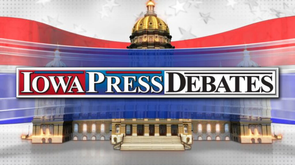 The text "IOWA PRESS DEBATES" is displayed in large white letters with a red and blue border, superimposed over a graphic of a building with a golden dome.