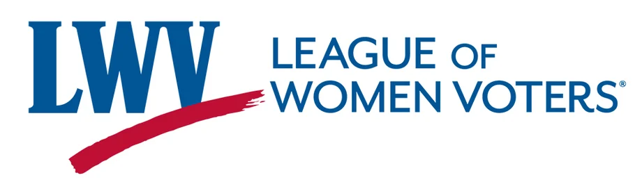 Logo for the League of Women Voters, featuring the letters "LWV" in blue and the words "LEAGUE OF WOMEN VOTERS" in blue, with a red swoosh underneath the "LWV".