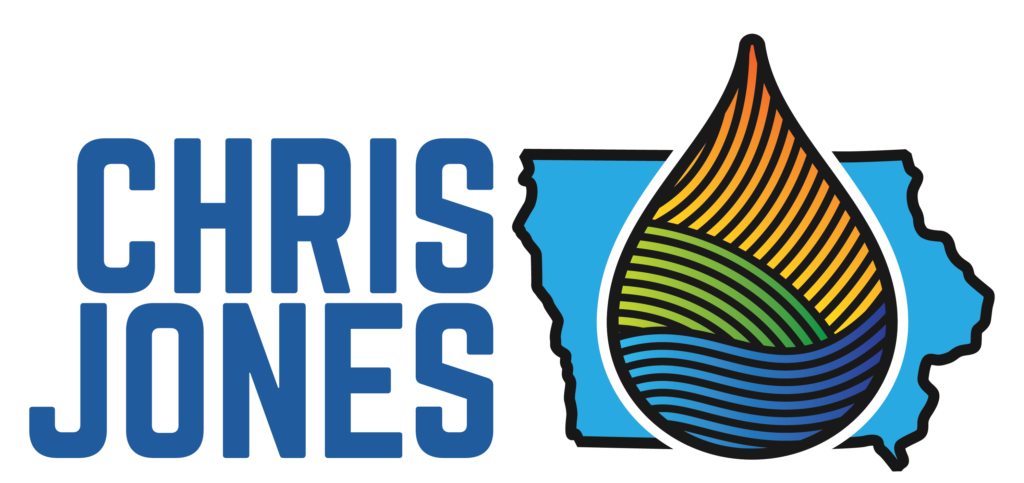 Chris Jones campaign logo featuring his name in blue beside an outline of Iowa and a multicolored water droplet symbol.