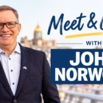 John Norwood smiling beside the words “Meet & Greet with John Norwood” on a blue campaign event graphic.